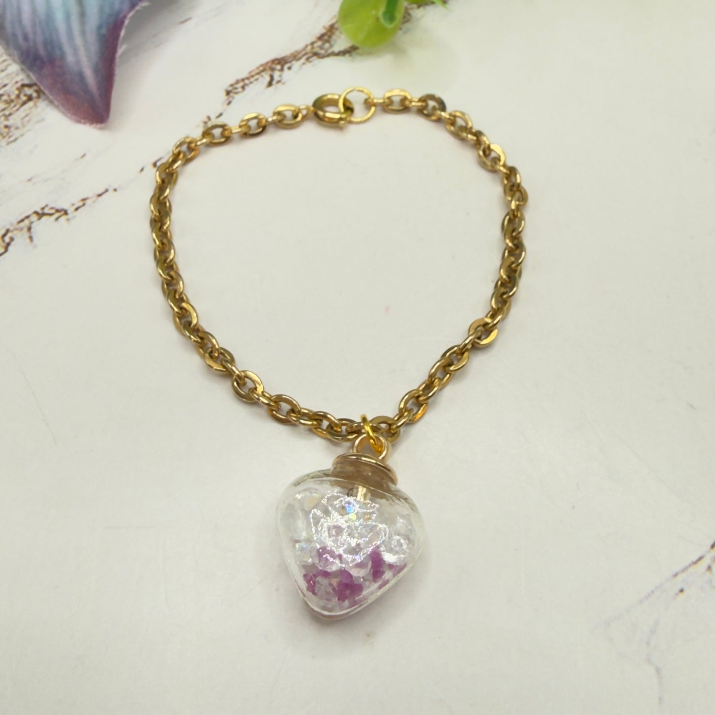 Glass Heart Shaped Pendant w/ Purple Clear Crystals (Glow in Dark) Gold Chain Doll Necklace • 18 Inch Fashion Doll Jewelry