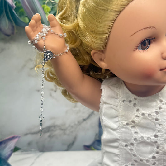 White Pearl Beaded Silver Chain & Cross • Doll Size Catholic Rosary for 18-22” Fashion or Vintage Dolls