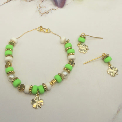 Green White Beaded Gold Four-Leaf Clover Charms Doll Necklace & Earrings • 18 Inch Fashion Doll Jewelry