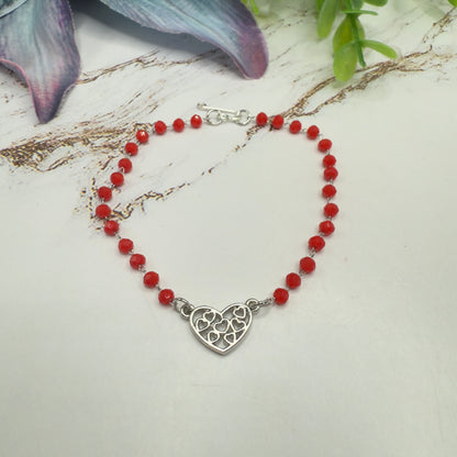 Red Glass Crystal Bead Silver Filigree Heart Charm Doll Necklace • 18 Inch Fashion Doll Jewelry