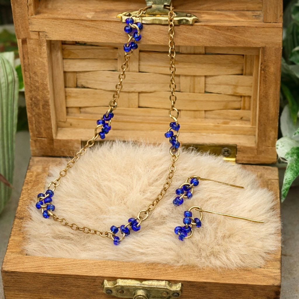 Gold Chain Blue Bead Accents Necklace Earring Set for 18 Inch Fashion Doll