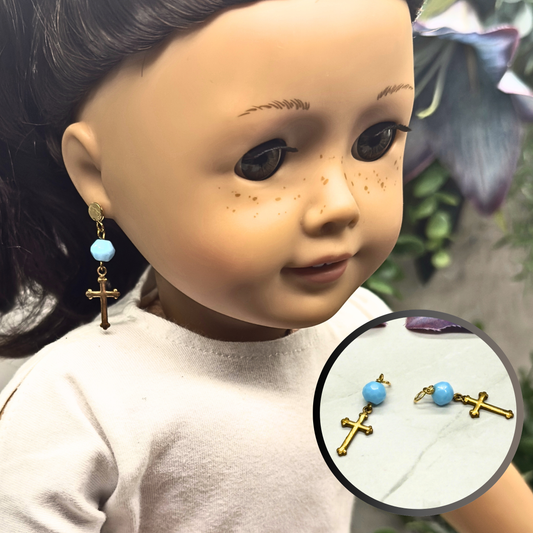 Gold Cross Blue Glass Doll Earring DANGLE ONLY • 18” Fashion Doll Jewelry