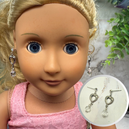 Silver Heart Clear Crystal Dangle Doll Earrings • 18 Inch Fashion Doll Jewelry