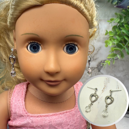 Silver Heart Clear Crystal Dangle Doll Earrings • 18 Inch Fashion Doll Jewelry