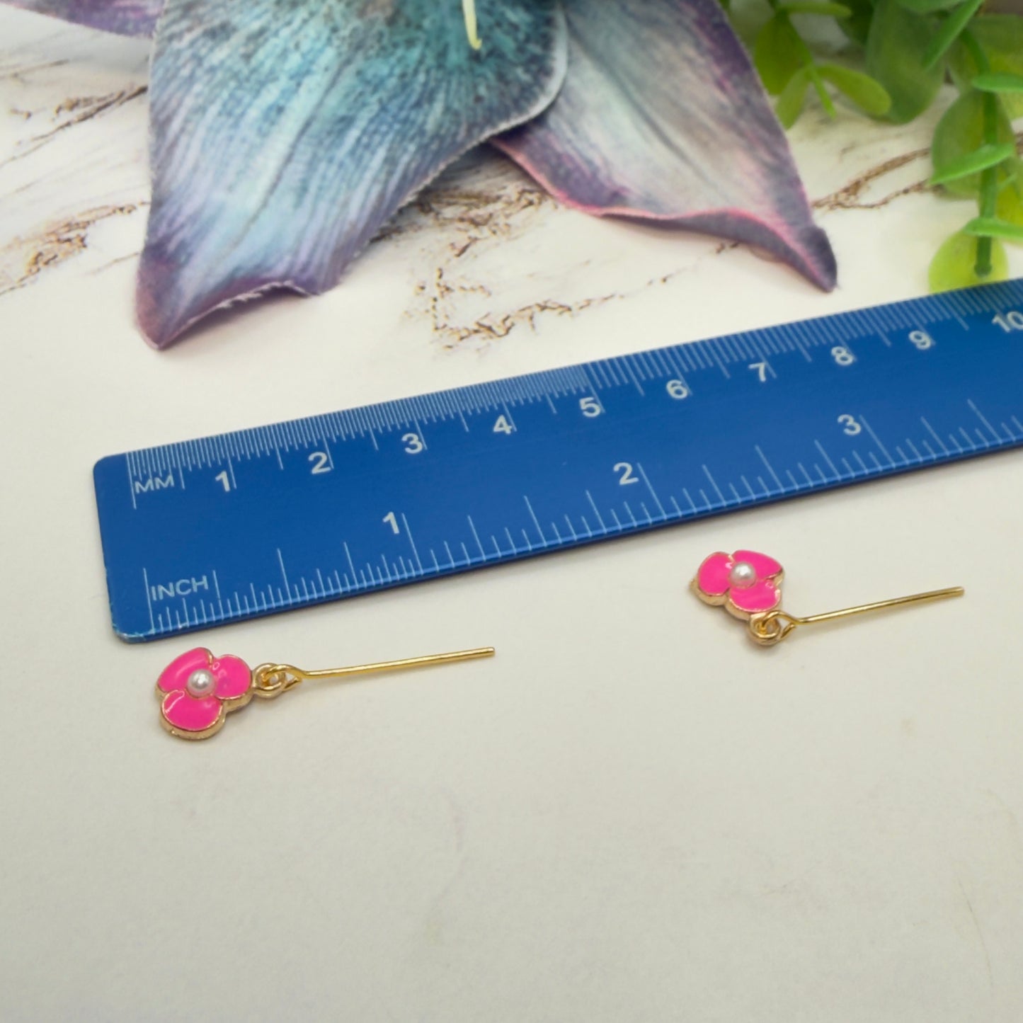 Vibrant Pink Enamel Inlay Flower Pearl Center Dangle Doll Earrings • 18 Inch Fashion Doll Jewelry