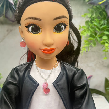 Pink Brown Round Dangle Doll Necklace & Earrings Set • 18 Inch Fashion Doll Jewelry