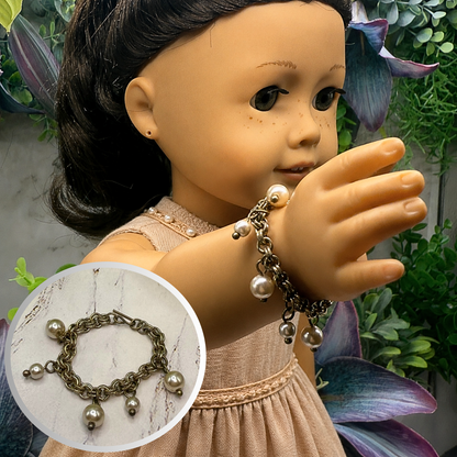 Gold Brass Tone Chain Pearl Dangles Doll Charm Bracelet • 18 Inch Fashion Doll Jewelry