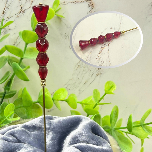 Ruby Red Faceted Glass Crystal Stacked Bead Hatpin Gold Tone Accents • 6 Inch