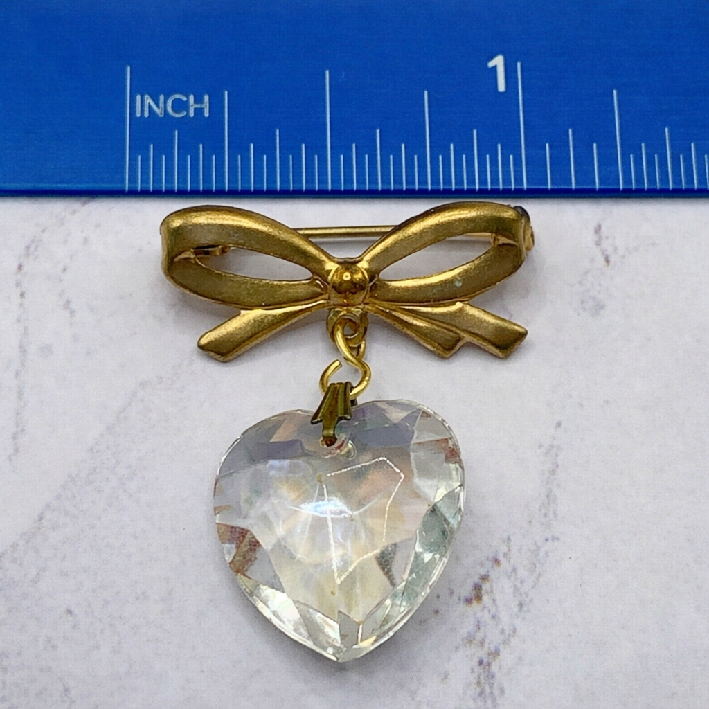 Clear Glass Heart Pendant Gold Tone Bow Pin • Doll Brooch