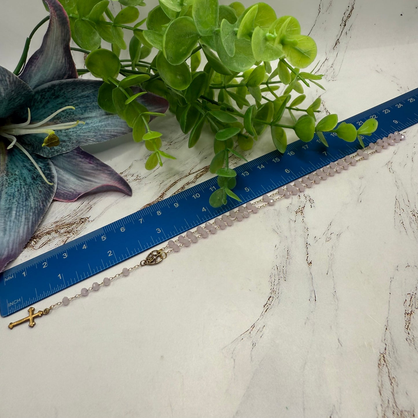 Light Pink Glass Crystal Gold Cross • Doll Size Catholic Rosary for 18-22” Fashion or Vintage Dolls