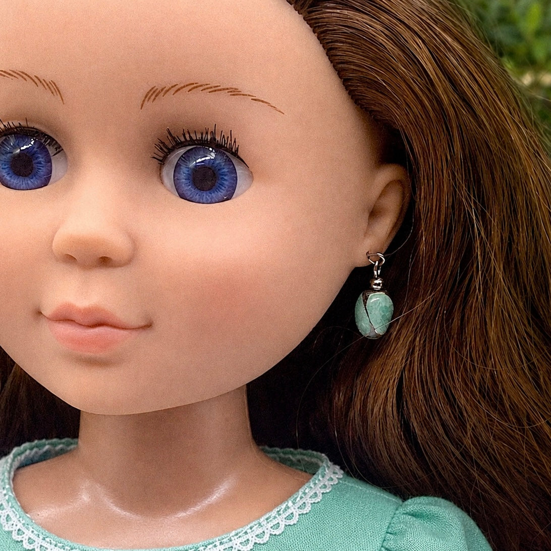 Green Enamel Swirl Silver Tone Dangle Doll Earrings · 14 Inch Doll Jewelry