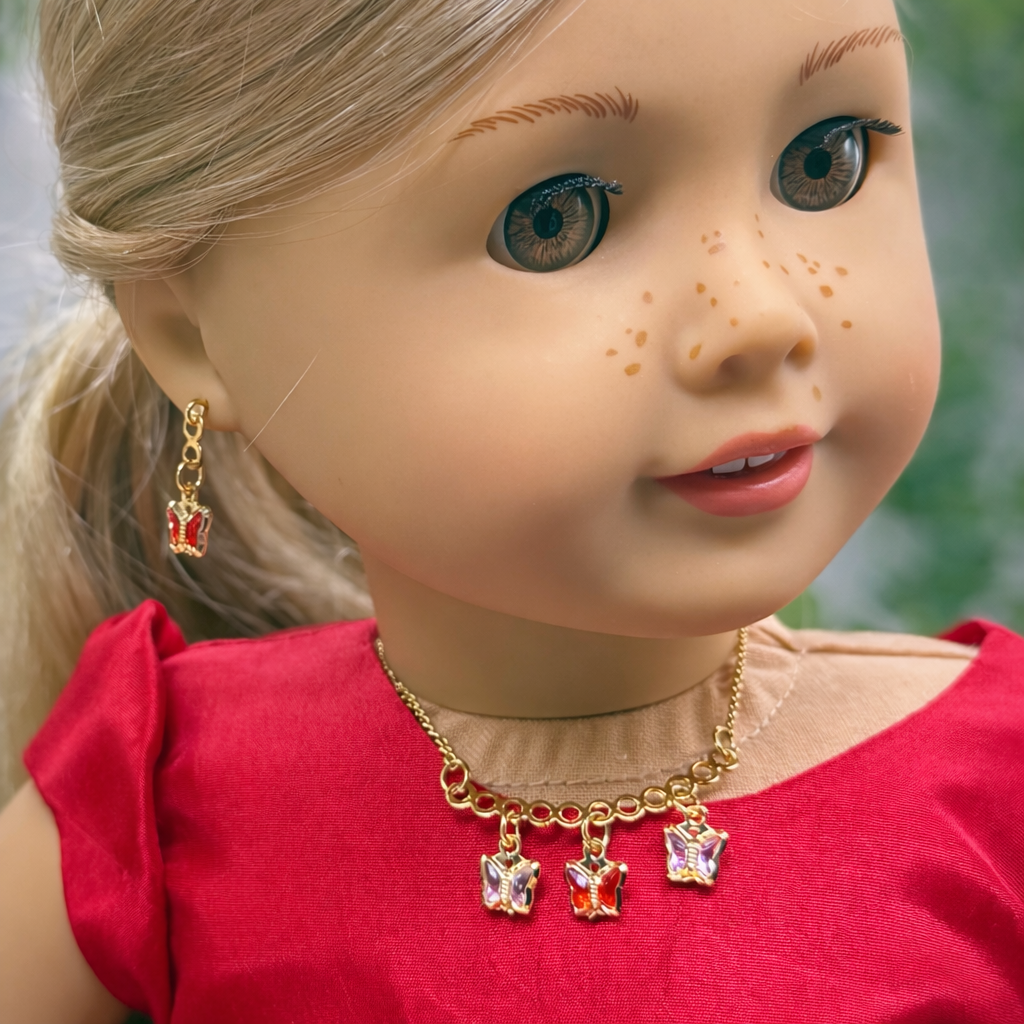 Red & Clear Butterfly Crystal Charms Gold Chain Doll Necklace and Earrings • 18 Inch Fashion Doll Jewelry