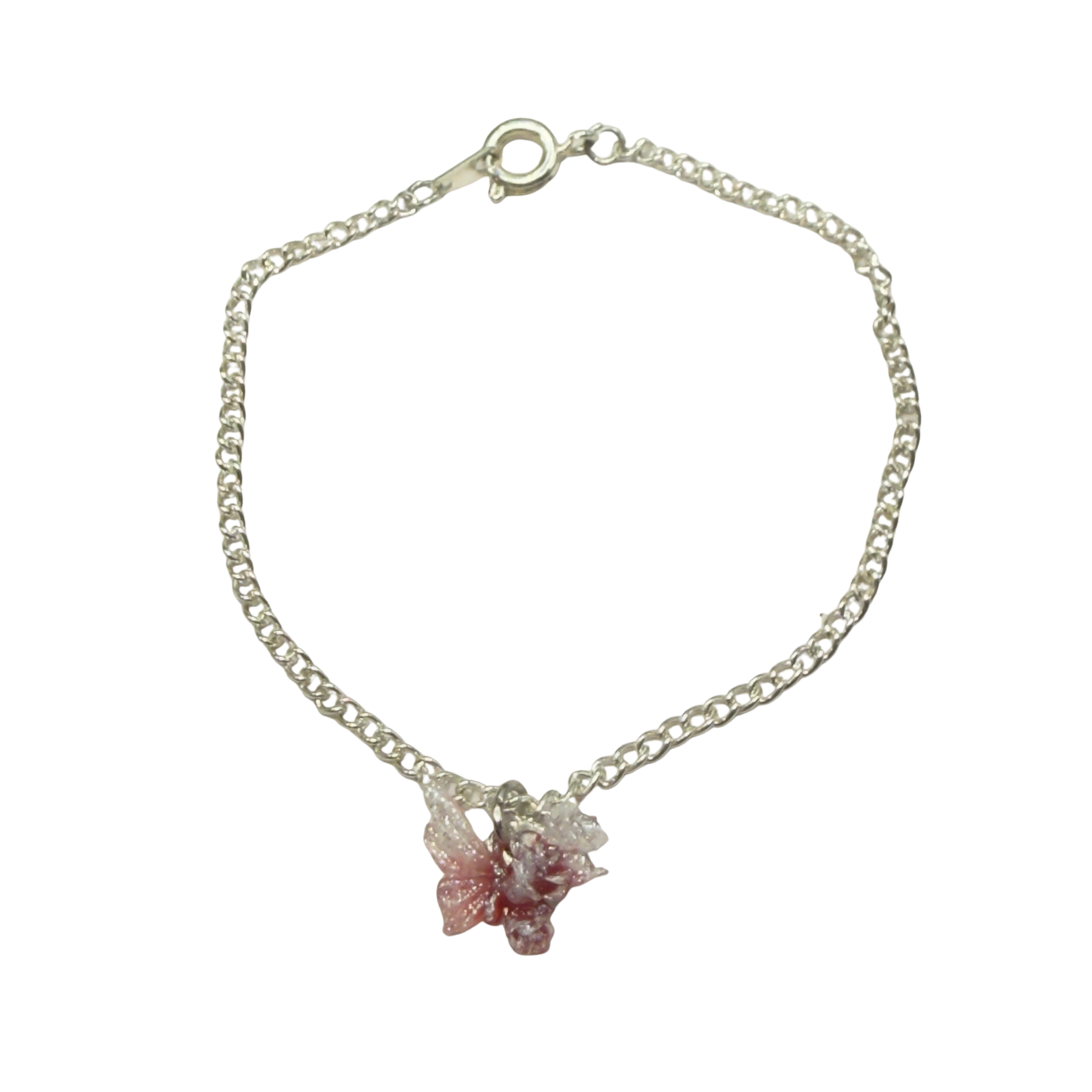 Pink White Glittery Acrylic Floral Butterfly Charm Silver Chain Doll Necklace • 18 Inch Fashion Doll Jewelry