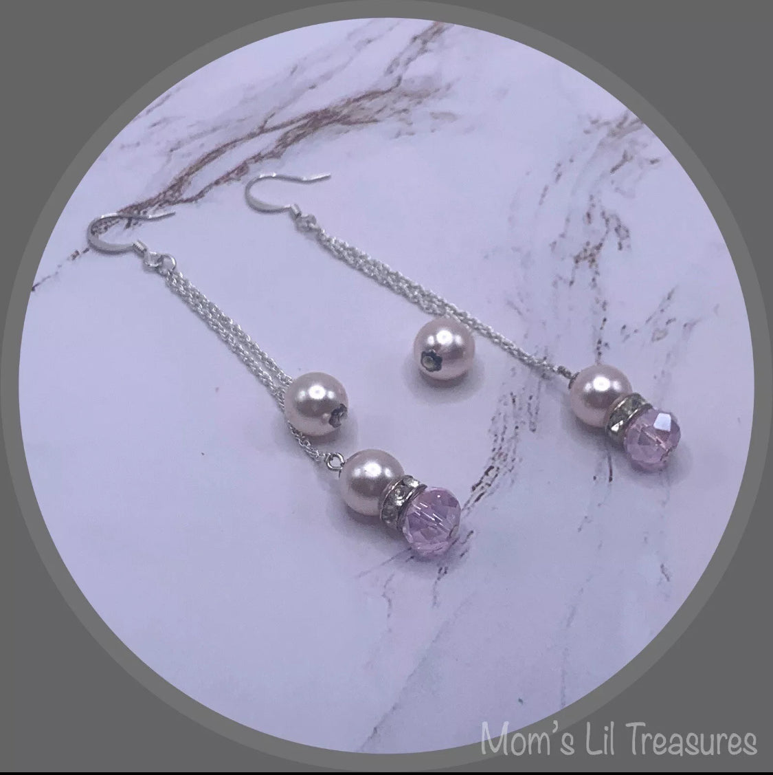 Pink Crystal Faux Pearl Rhinestone Silver Tone Chain Dangle Earrings - Handmade