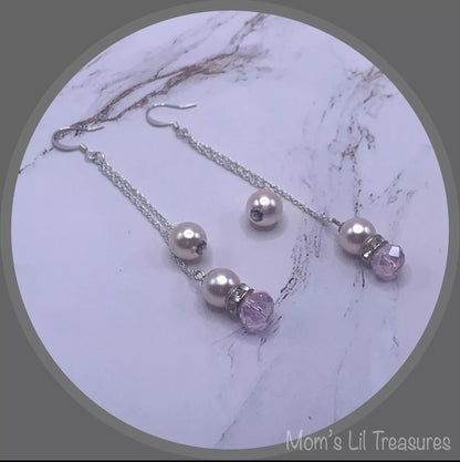 Pink Crystal Faux Pearl Rhinestone Silver Tone Chain Dangle Earrings - Handmade