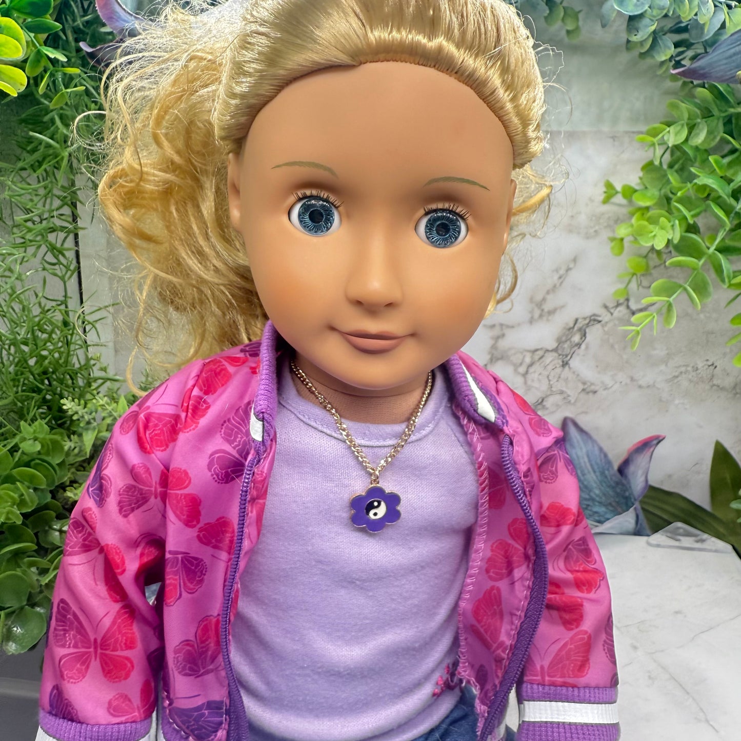 Yin-Yang Purple Flower Charm Gold Chain Doll Necklace • 18 Inch Fashion Doll Jewelry