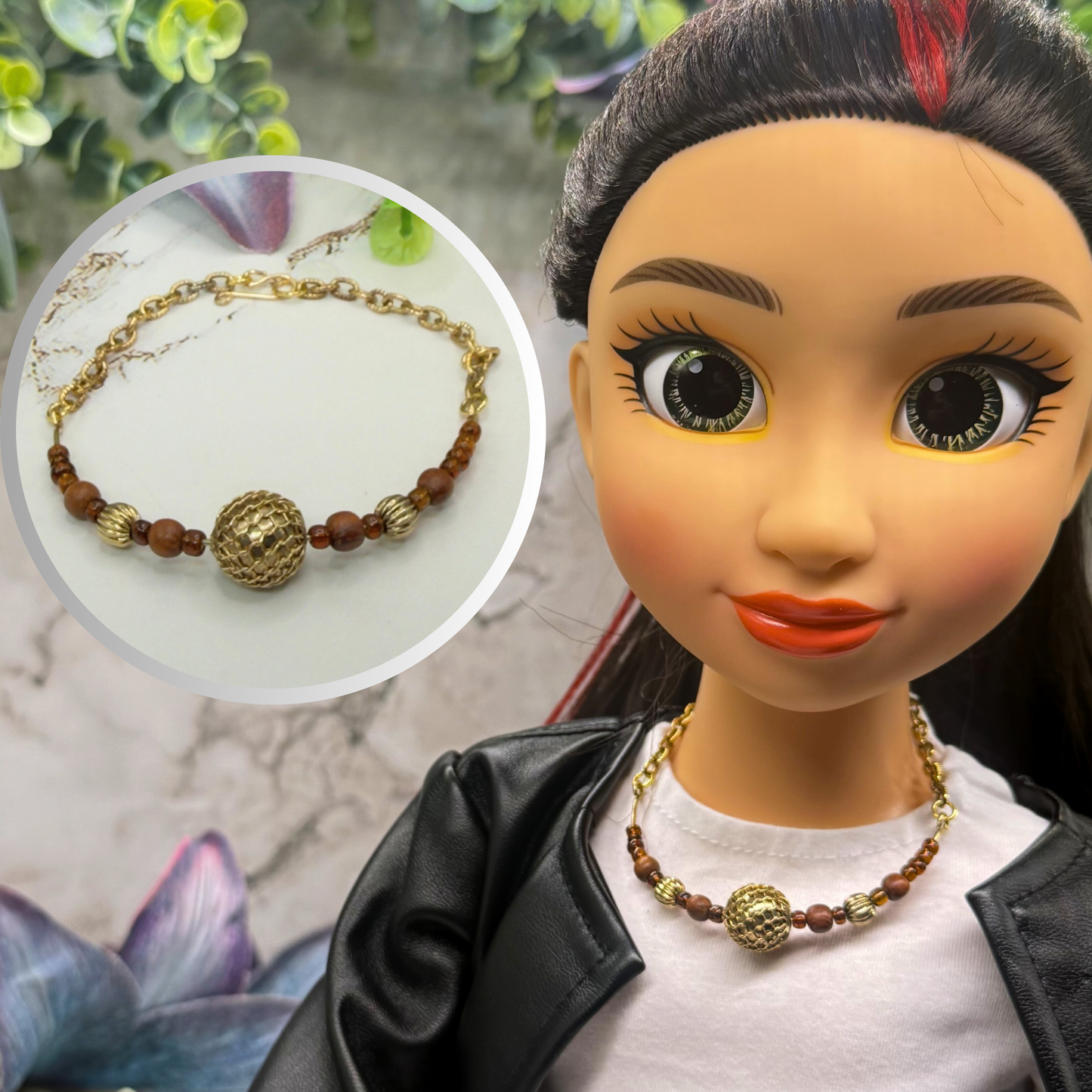 Brown Gold Beaded Flex Wire Collar Style Doll Necklace • 18 Inch Fashion Doll Jewelry