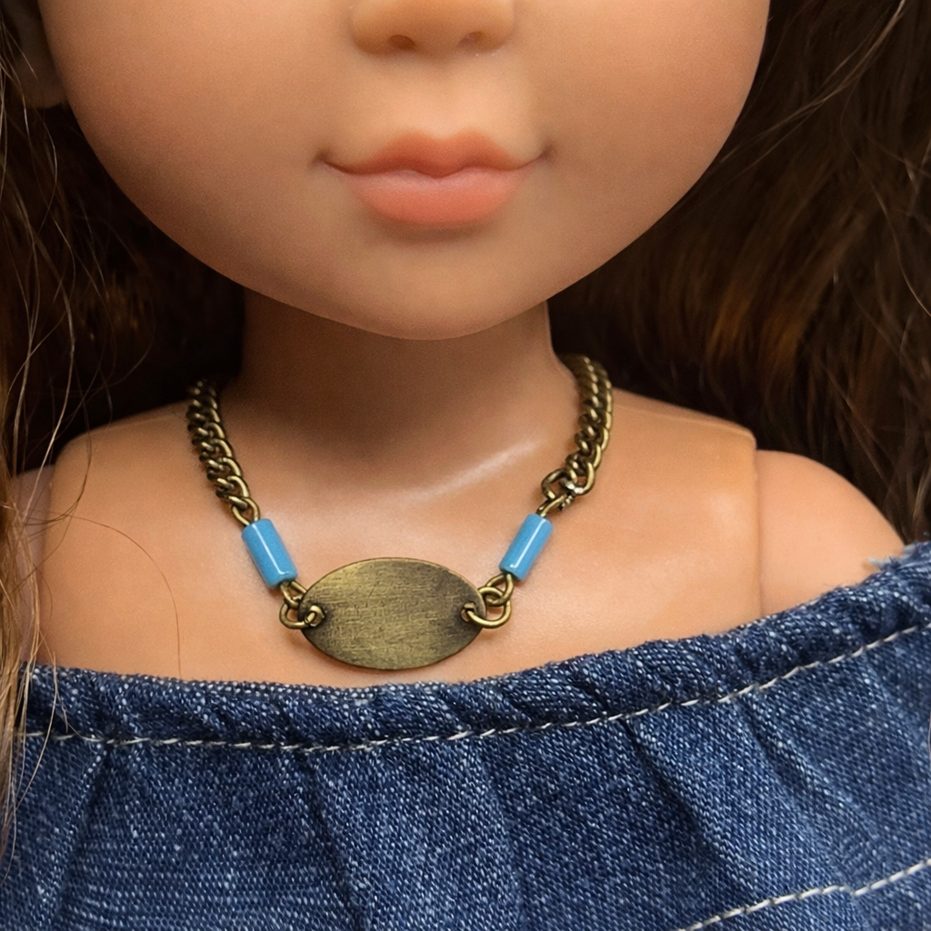 Turquoise Blue Brass Gold Oval Pendant Necklace for 14 inch Wellie Wisher Doll