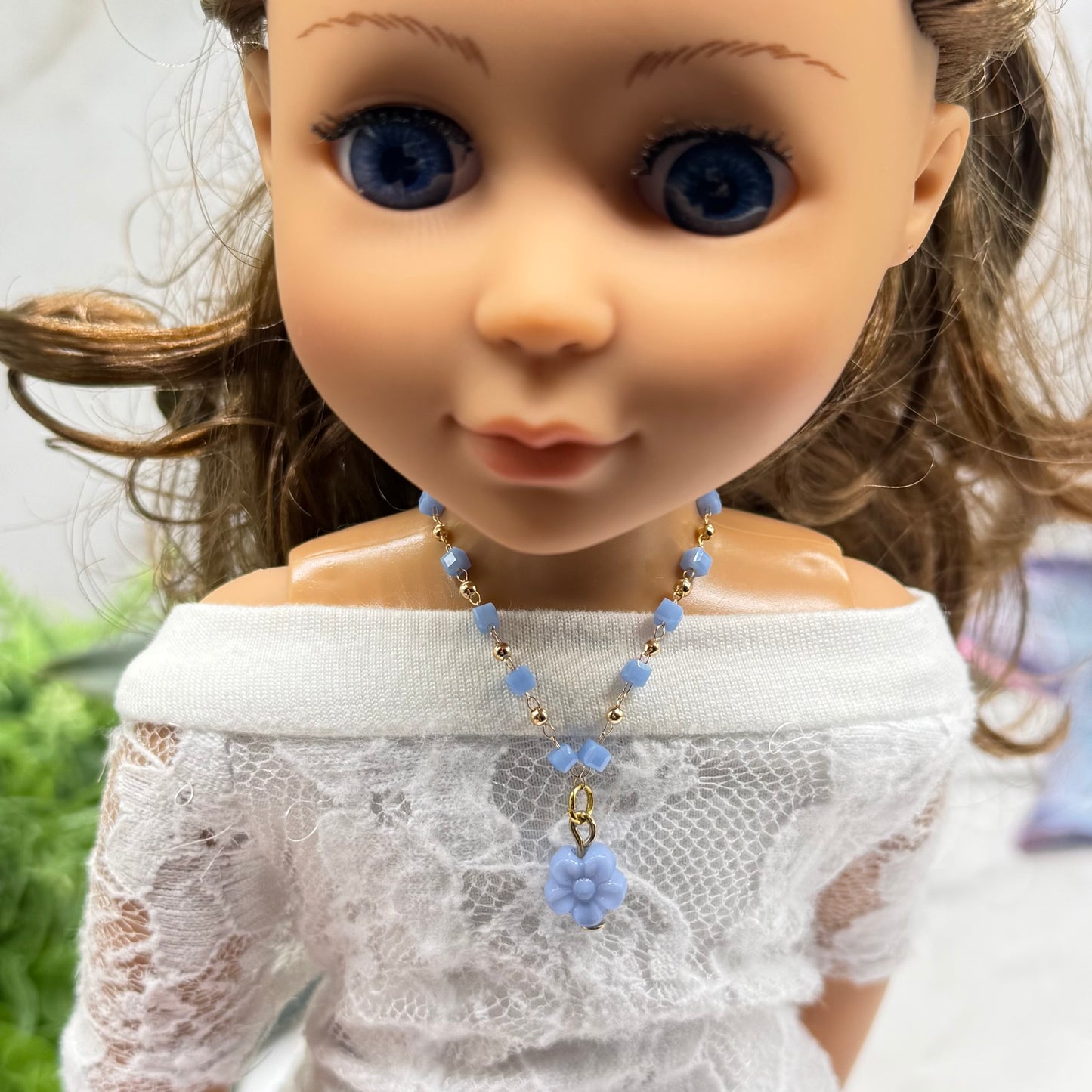 Blue Flower Charm Blue Square & Gold Beaded Doll Necklace • 14 Inch Fashion Doll Jewelry