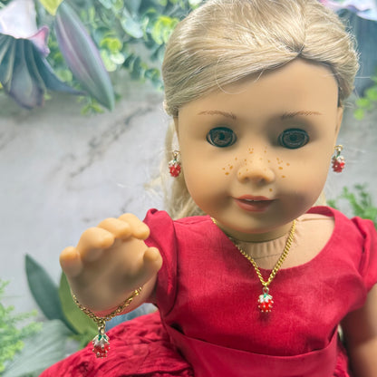 Strawberry Enamel Design Charm Doll Necklace - Bracelet & Earrings Set • 18 Inch Fashion Doll Jewelry