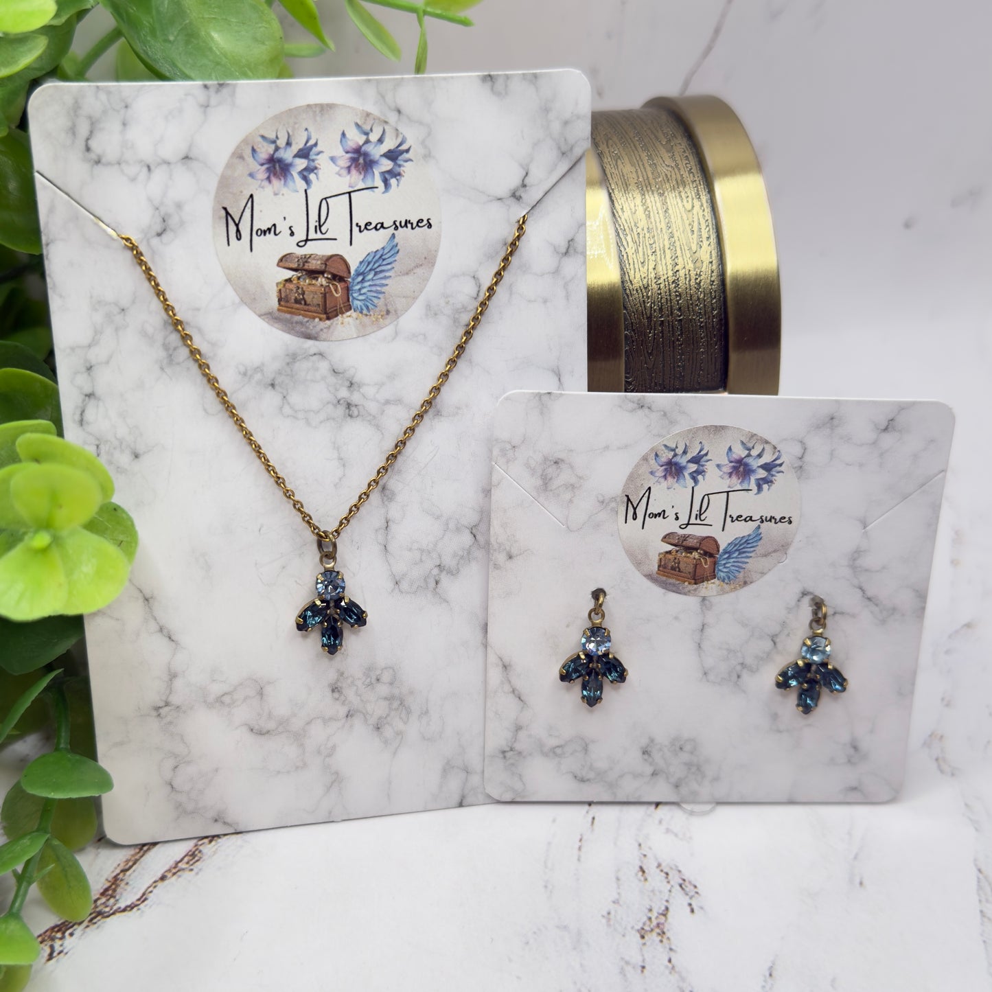 Dark & Light Blue Rhinestone Leaf Cluster Vintage Style Doll Necklace & Earrings • 18-22 Inch Fashion Vintage Doll Jewelry