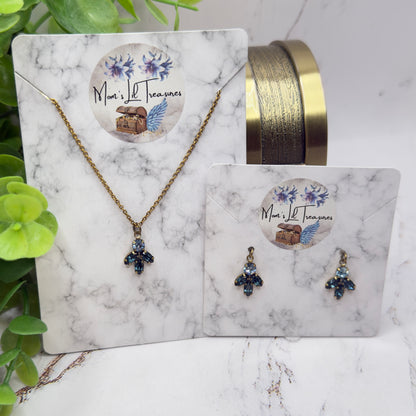 Dark & Light Blue Rhinestone Leaf Cluster Vintage Style Doll Necklace & Earrings • 18-22 Inch Fashion Vintage Doll Jewelry
