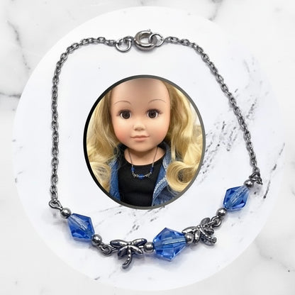 Silver Dragonfly Charms Blue Glass Crystal Doll Necklace • 18 inch Fashion Doll Jewelry
