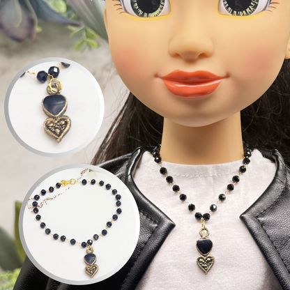 Black Crystal Beaded Double Heart Charm Doll Necklace • 18 Inch Fashion Doll Jewelry