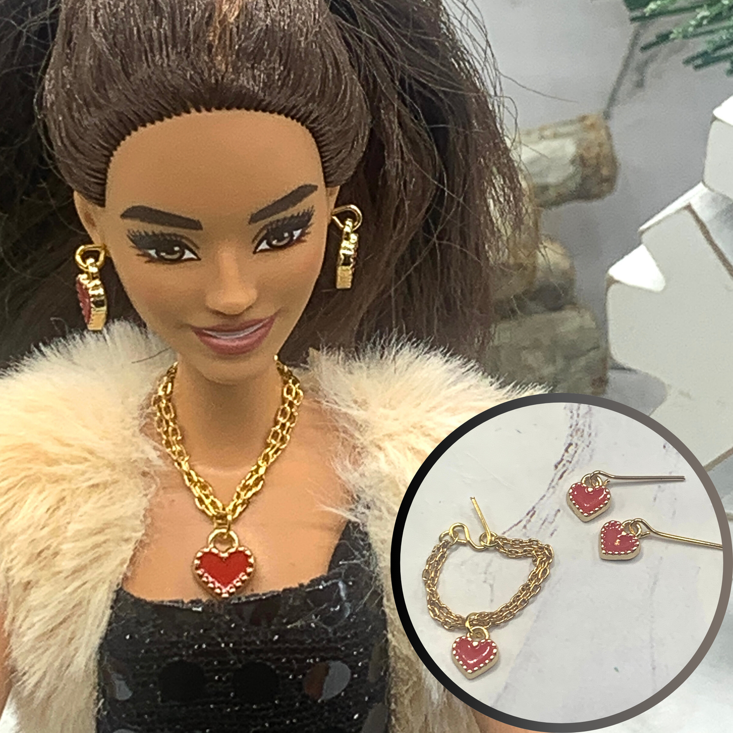 Red Heart Gold Chain Doll Necklace Earring Set • 11-12” Fashion Doll Jewelry