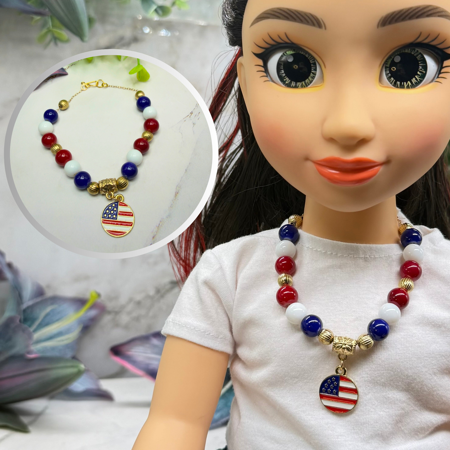 Red White Blue Beaded America Flag Round Charm Doll Necklace for 18 Inch Fashion Doll