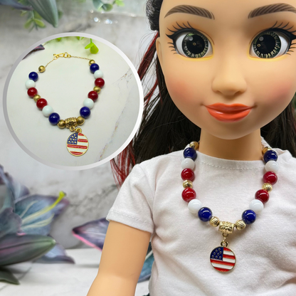 Red White Blue Beaded America Flag Round Charm Doll Necklace for 18 Inch Fashion Doll