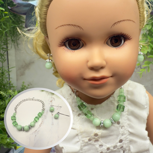 Light Green Glass Beaded Silver Chain Doll Necklace • 18 Inch Fashion Doll Jewelry