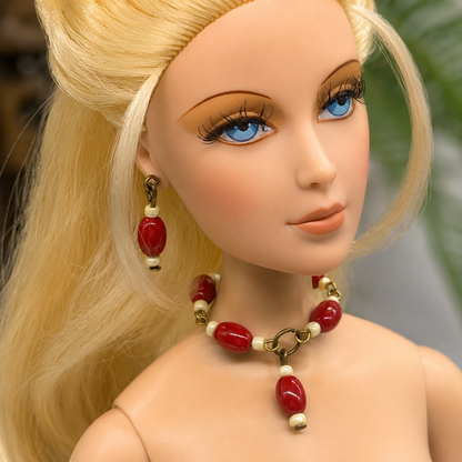 Red White Beaded Doll Necklace Earring Set • 16 Inch Fashion Doll Jewelry