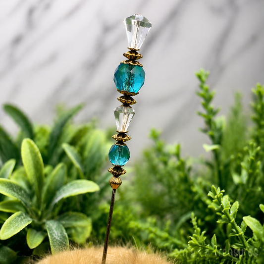 Turquoise Blue & Clear Crystal - Gold Tone Findings- 6” Pin • Hatpin - Stick Pin