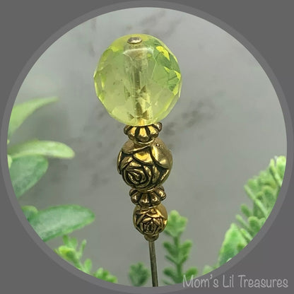 Light Yellow Glass Crystal - Gold Rose Design Bead - 8” Pin • Hatpin - Stick Pin