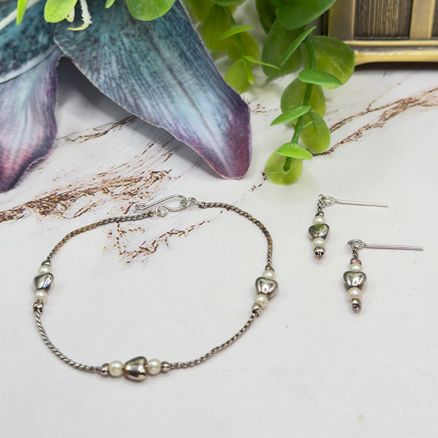 Silver Heart & Pearl Beaded Doll Necklace & Earrings Set • 18 Inch Fashion Doll Jewelry