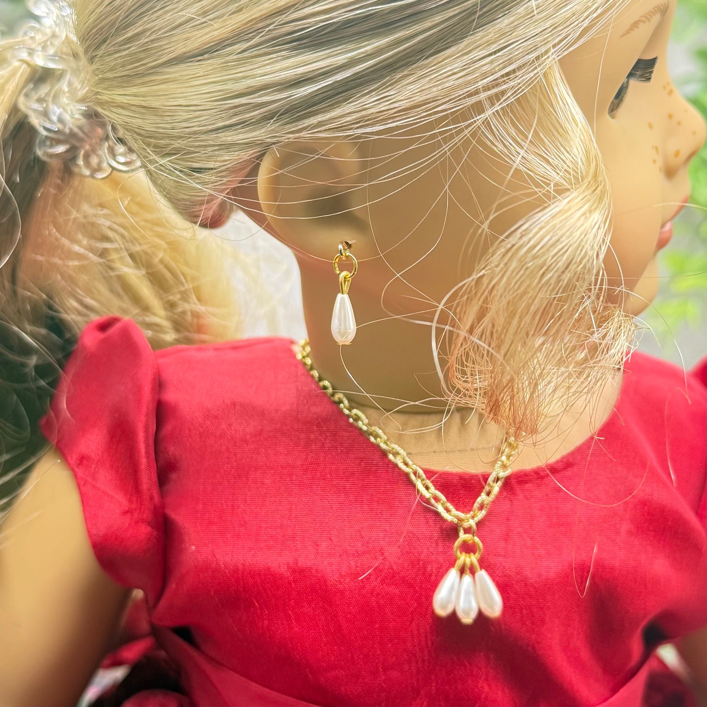 Teardrop Pearl Dangle Pendant Gold Chain Doll Necklace & Earrings Set • 18 Inch Fashion Doll Jewelry