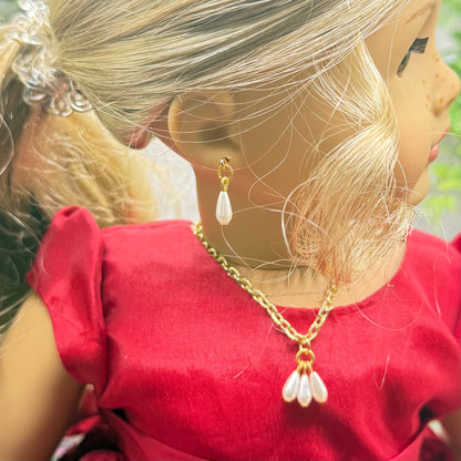Teardrop Pearl Dangle Pendant Gold Chain Doll Necklace & Earrings Set • 18 Inch Fashion Doll Jewelry
