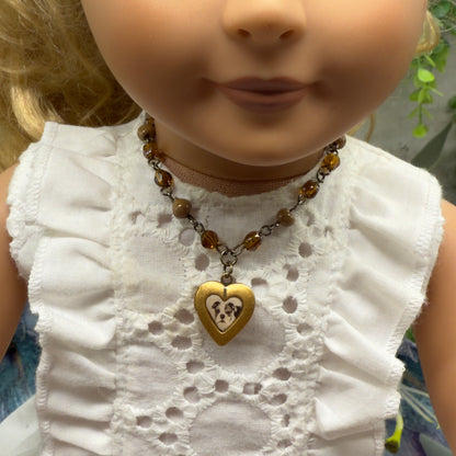 Dog Heart Locket Brown & Crystal Acrylic Beaded Doll Necklace • 18 Inch Fashion Doll Jewelry