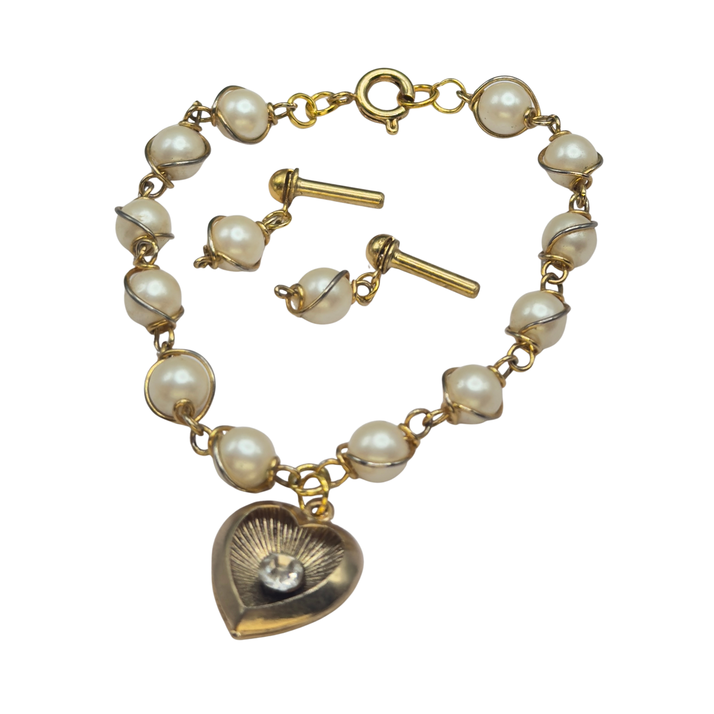 Pearl Beaded Gold Heart Rhinestone Center Necklace & Earrings • 18 Inch Fashion Doll Jewelry