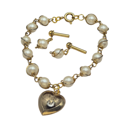 Pearl Beaded Gold Heart Rhinestone Center Necklace & Earrings • 18 Inch Fashion Doll Jewelry