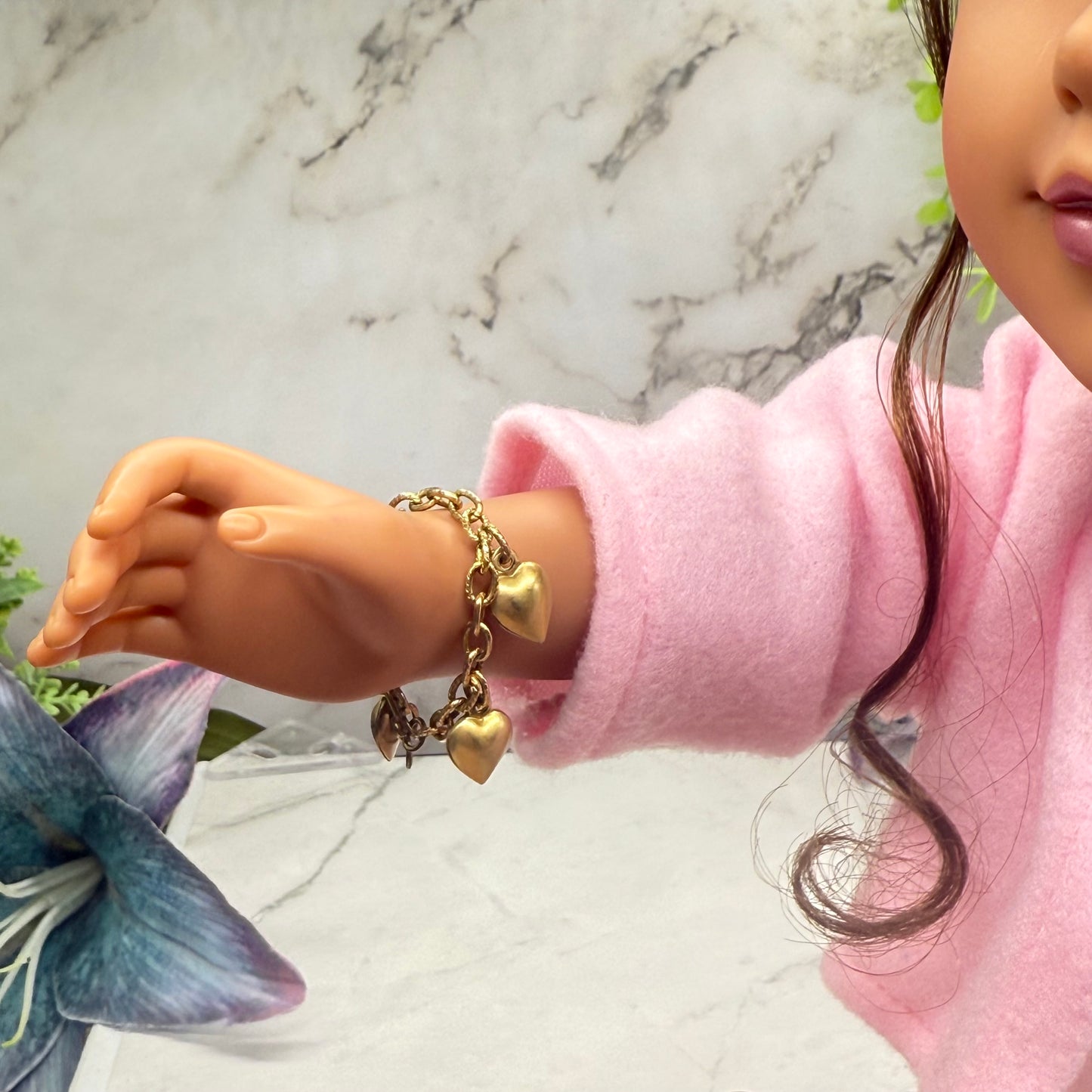 Gold Heart Dangle Charm Doll Bracelet • 18 Inch Fashion Doll Jewelry