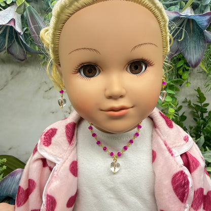 Fuchsia Pink Glass Crystal Bead Chain Clear Heart Charm Doll Necklace & Earrings • 18 Inch Fashion Doll Jewelry