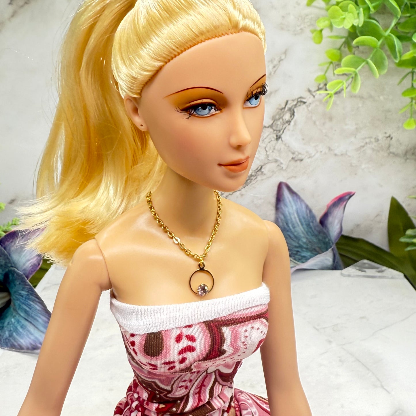 Circle Charm Purple Rhinestone Gold Chain Doll Necklace • 16 Inch Fashion Doll Jewelry