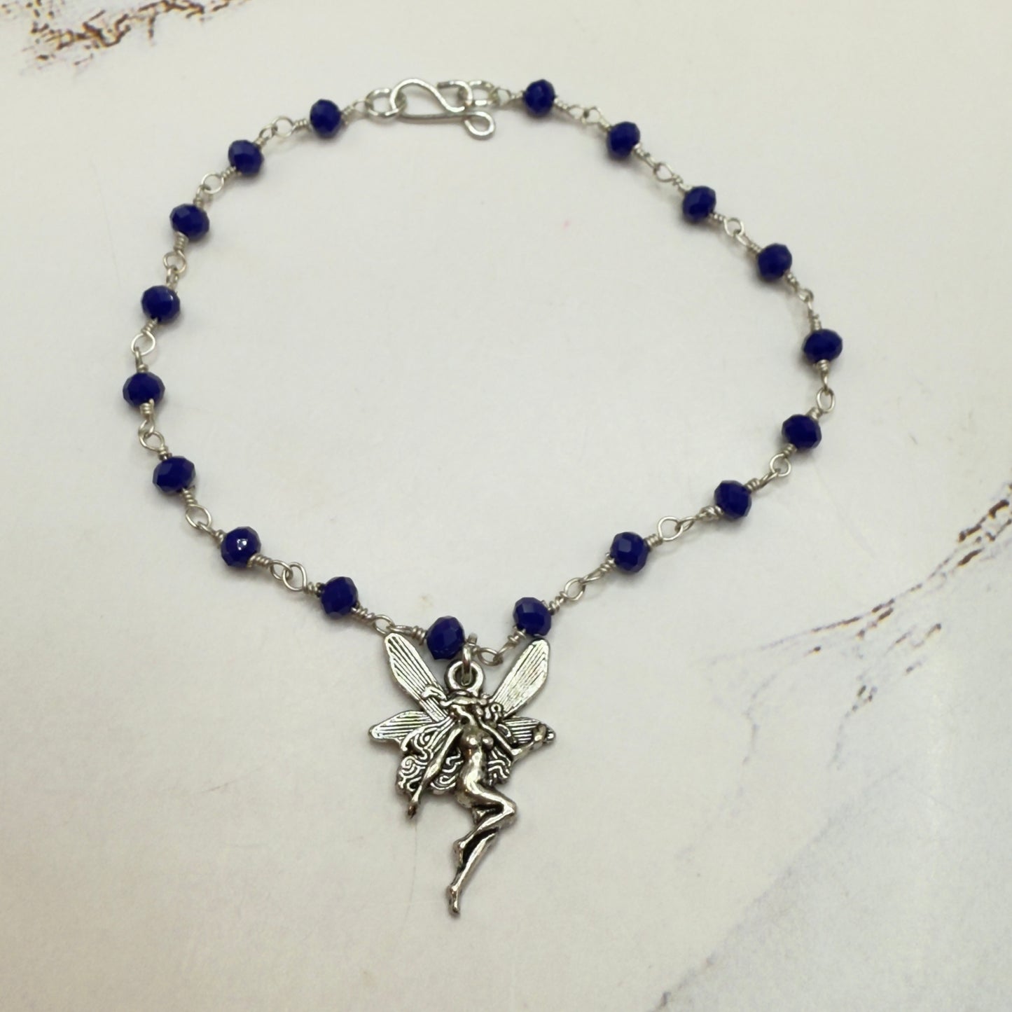 Silver-Tone Fairy Pendant Blue Glass Crystal Beaded Doll Necklace • 18 Inch Fashion Doll Jewelry