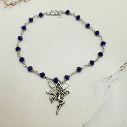 Silver-Tone Fairy Pendant Blue Glass Crystal Beaded Doll Necklace • 18 Inch Fashion Doll Jewelry