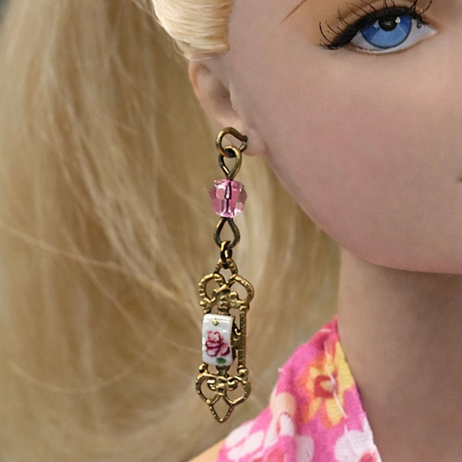 Pink Crystal Rose Design Gold Filigree Dangle Doll Earrings • 16” Doll Jewelry