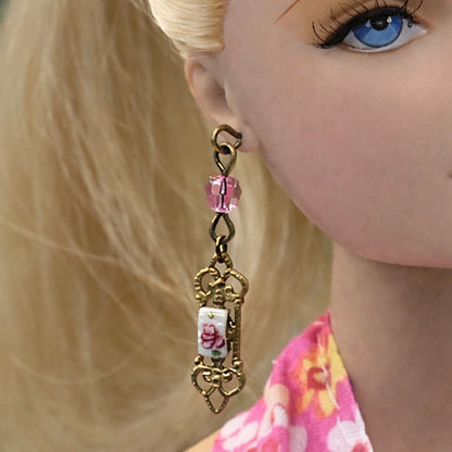 Pink Crystal Rose Design Gold Filigree Dangle Doll Earrings • 16” Doll Jewelry