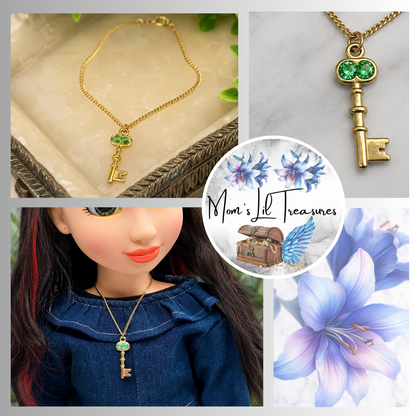 Key Charm Doll Necklace Green Rhinestone Accent • 18 inch Fashion Doll Jewelry
