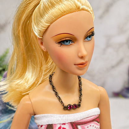 Dark Pink Red Rhinestone Bronze Copper Tone Chain Doll Necklace • 16 Inch Fashion Doll Jewelry